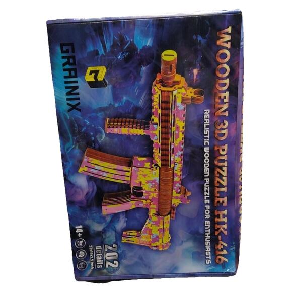HK-416 Wooden 3D Gun Puzzle Kit GRAINIX DIY Rubber Band Model 202pc Sealed - Picture 8 of 8